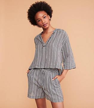 Lou & Grey Gingham Tie Neck Top