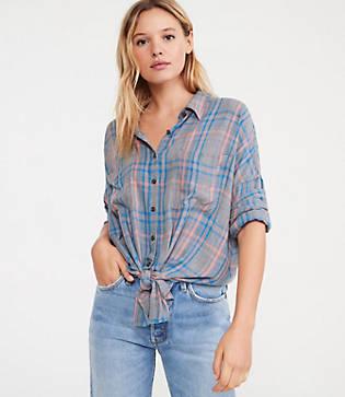 Lou & Grey Plaid Tie Front Shirt