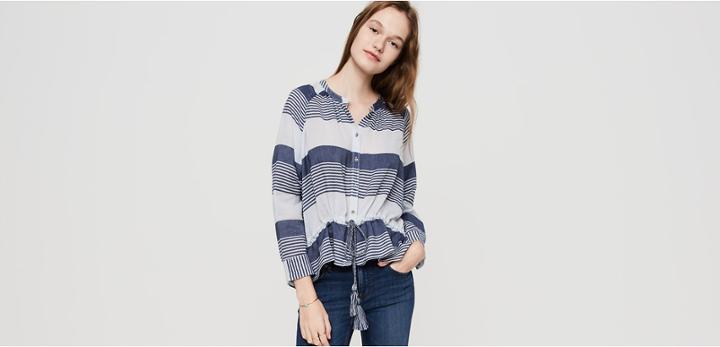 Lou & Grey Striped Drawstring Button Down Shirt