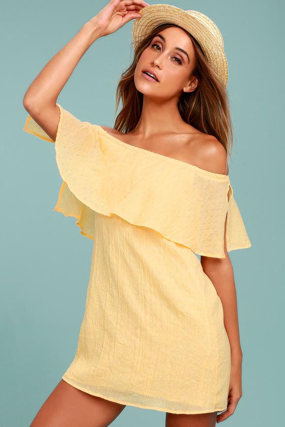 Lulus | Hello Sunshine Yellow Off-the-shoulder Dress | Size Large | 100% Polyester