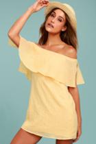 Lulus | Hello Sunshine Yellow Off-the-shoulder Dress | Size Large | 100% Polyester