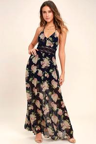 Lulus Natural Conclusion Navy Blue Floral Print Maxi Dress