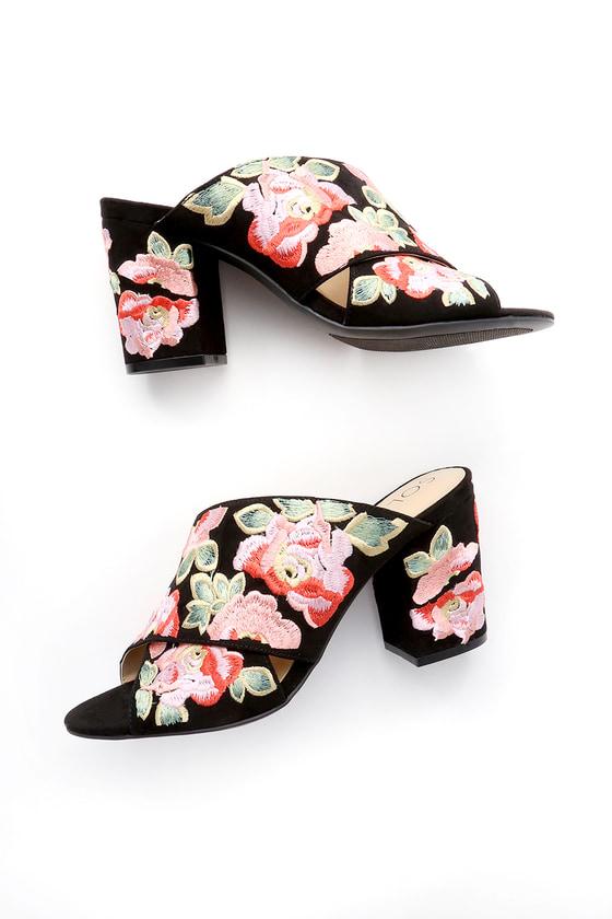 Sole Society Luella Black And Coral Multi Floral Print Embroidered Mules | Lulus