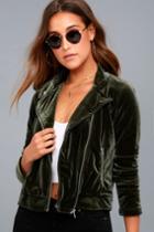 Lulus | Front Row Olive Green Velvet Moto Jacket | Size Large | 100% Cotton