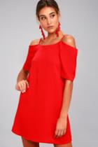 Ppla | Leanne Red Off-the-shoulder Shift Dress | Size X-small | 100% Polyester | Lulus