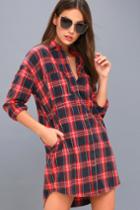 Lulus | Cypress Navy Blue And Red Plaid Flannel Shirt Dress
