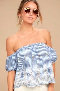 Lulus Stay Awhile Blue And White Striped Off-the-shoulder Top
