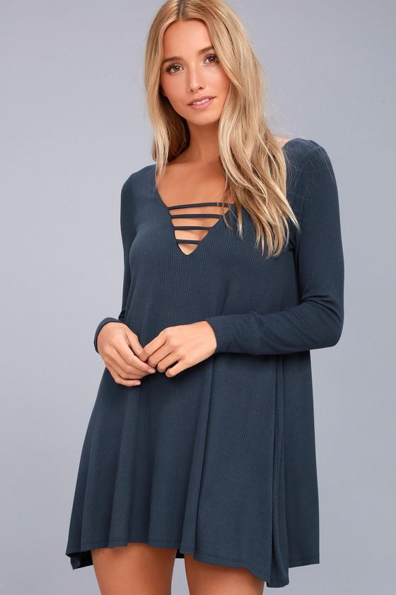 Lucy Love | Great Day Washed Navy Blue Swing Dress | Size Small | Lulus
