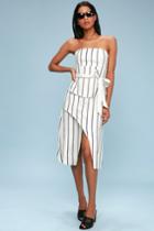 C/meo Diffuse Blue And Ivory Striped Wrap Strapless Midi Dress | Lulus