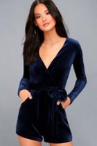 Lulus | Romantic Moves Navy Blue Velvet Long Sleeve Romper | Size Large | 100% Polyester