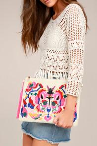 Lulus Call It Love Light Beige Embroidered Clutch
