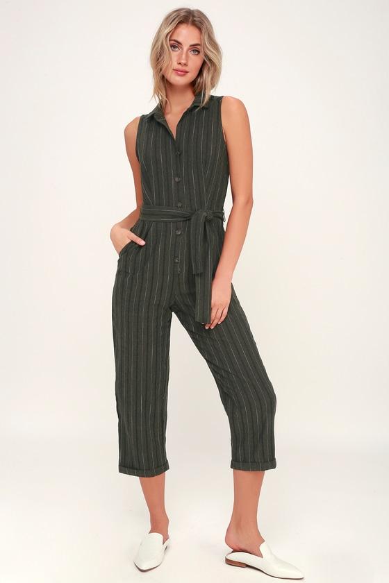 Lush Exploring Olive Green Striped Button-up Cropped Jumpsuit | Lulus