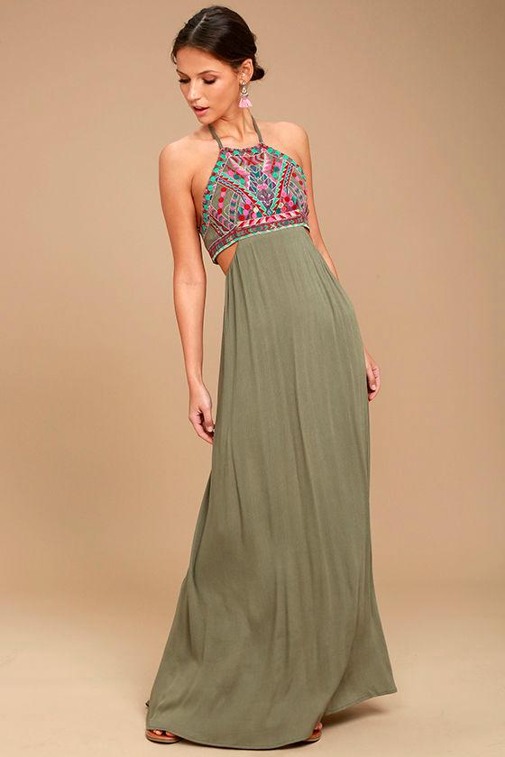 Little Beach Olive Green Embroidered Maxi Dress | Lulus