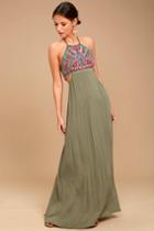 Little Beach Olive Green Embroidered Maxi Dress | Lulus