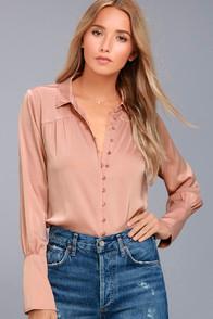 Black Swan Tess Blush Pink Satin Button-up Top