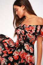 Astr The Label Cassidy Black Floral Print Off-the-shoulder Lace-up Midi Dress | Lulus
