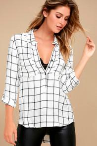 Lulus Good To Me White Grid Print Long Sleeve Top