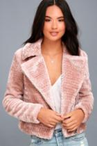Lulus | Cozy Business Blush Pink Faux Fur Moto Jacket | Size Large | 100% Polyester