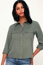 Lucille Washed Olive Green Long Sleeve Button-up Top | Lulus