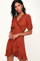 Honey Punch Dee Dee Rust Red Polka Dot Satin Wrap Dress | Lulus