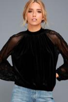 Free People | Dream Team Black Velvet And Lace Long Sleeve Top | Size X-small | Lulus