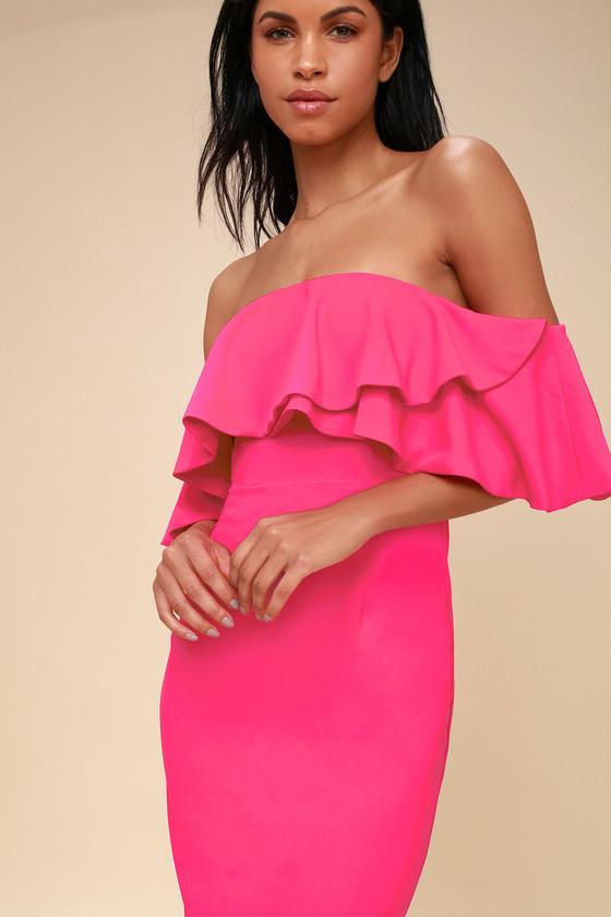 Aurelia Hot Pink Off-the-shoulder Bodycon Midi Dress | Lulus