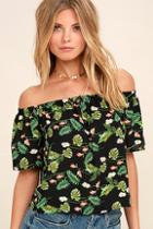 Lulus Think Of Me Frondly Black Tropical Print Off-the-shoulder Top