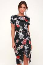 Exquisite Blooms Black Floral Print Satin Wrap Skirt | Lulus