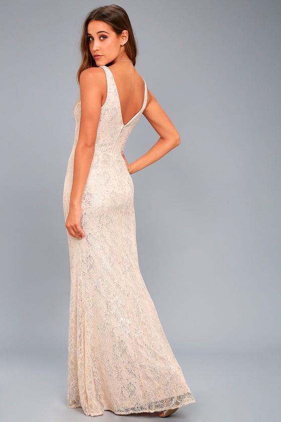 Lulus | Gleam And Glam Blush Lace Maxi | Size Medium | Pink | 100% Polyester