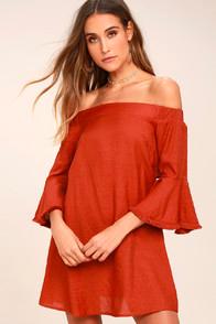 Lulus Day Out Rust Orange Off-the-shoulder Shift Dress