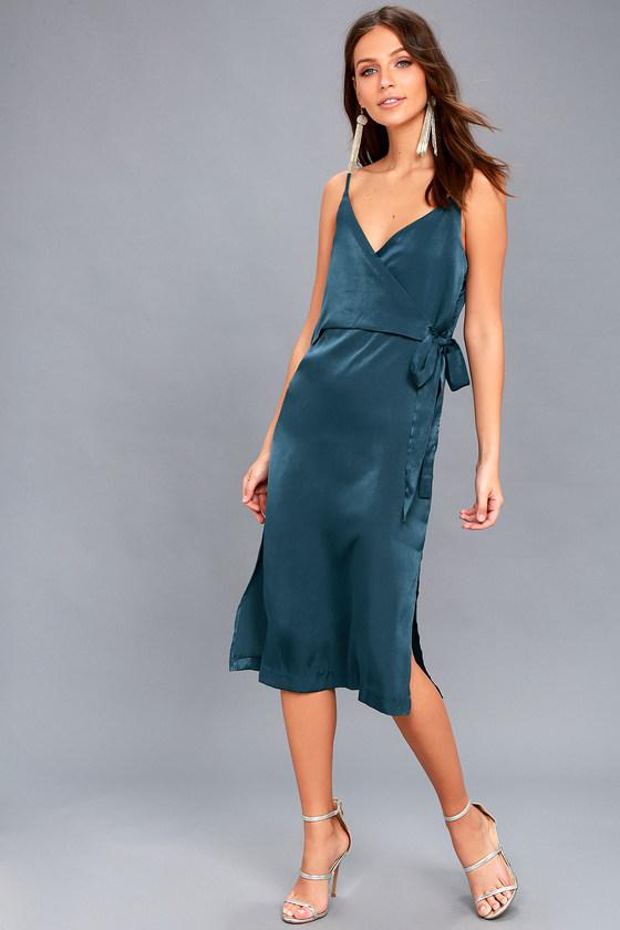 Evidnt | Fall In Love Teal Blue Satin Midi Wrap Dress | Size Large | 100% Polyester | Lulus