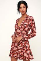 Obey Darcey Rusty Rose Floral Print Long Sleeve Wrap Dress | Lulus