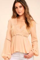 Lulus Free To Frolic Peach Lace Long Sleeve Top