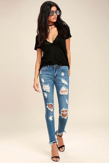 Machine Jeans | On The Air Medium Wash Destroyed Skinny Jeans | Size 1 | Blue | Lulus