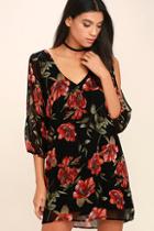 Lulus Shifting Dears Black And Red Floral Print Long Sleeve Dress