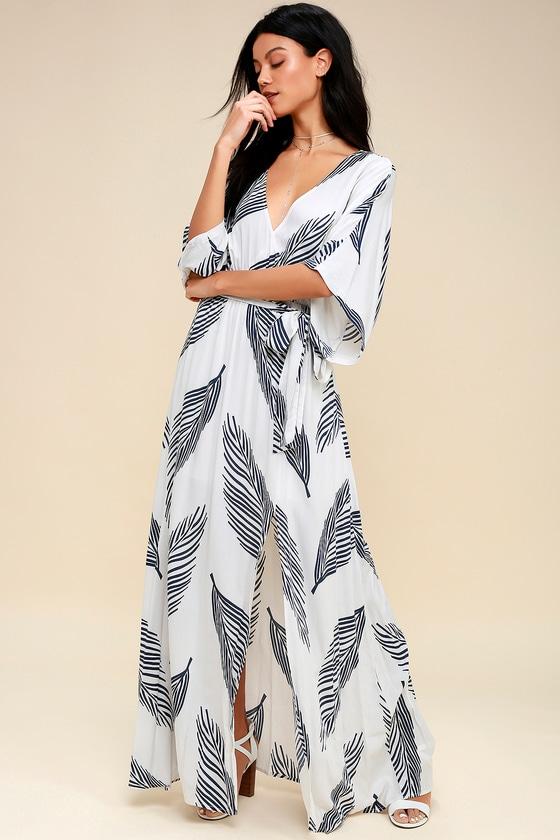 Sign Of The Times White And Navy Blue Leaf Print Maxi Dress | Lulus