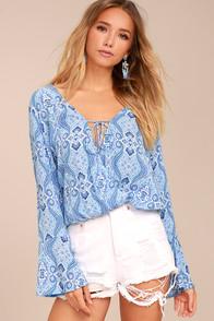 Lucy Love Amsterdam Light Blue Print Long Sleeve Top