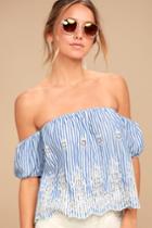 Lulus | Stay Awhile Blue And White Striped Off-the-shoulder Top | Size Large | 100% Cotton