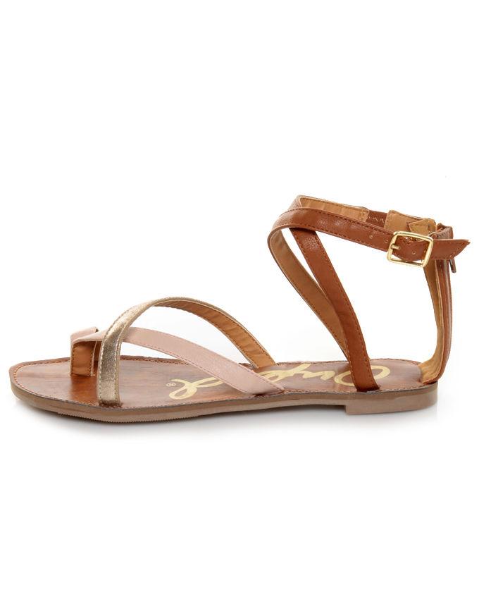 Qupid Athena 480A Nude Neutral Color Block Gladiator Sandals