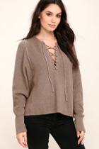 Do & Be Yours Always Taupe Lace-up Sweater