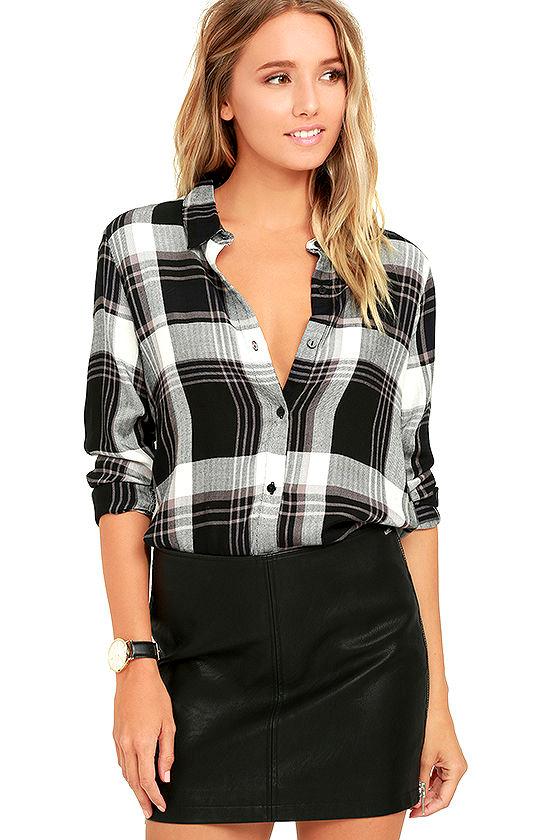 Lulus | Plaid With My Heart Black And White Plaid Button-up Top | Size X-small | 100% Rayon