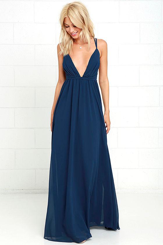 Lulus | Flutter Freely Navy Blue Maxi Dress | Size Large | 100% Polyester