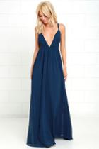 Lulus | Flutter Freely Navy Blue Maxi Dress | Size Large | 100% Polyester