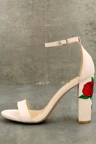 Wild Diva Lounge Felora Nude Suede Embroidered Ankle Strap Heels