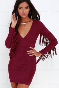Lulu*s Still Wild Burgundy Suede Fringe Dress