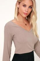 Project Social T Tilbury Taupe Ribbed V-neck Long Sleeve Top | Lulus