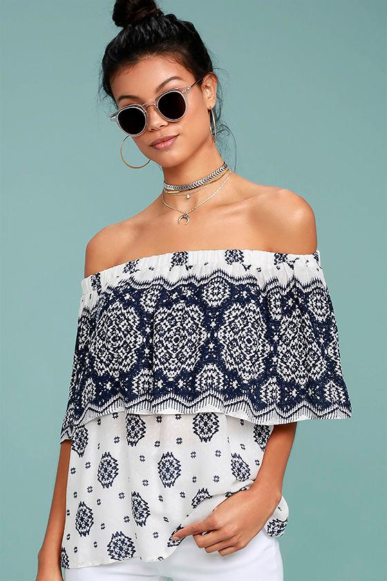 Lumiere | Tripoli Blue And White Print Off-the-shoulder Top | Size Large | 100% Rayon | Lulus