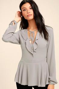Lulus Sugar Sweet Grey Long Sleeve Peplum Top