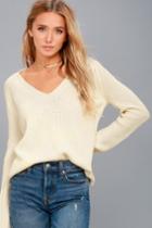 Lulus | Cozy Cutie Cream Knit V-neck Sweater | Size Large | White