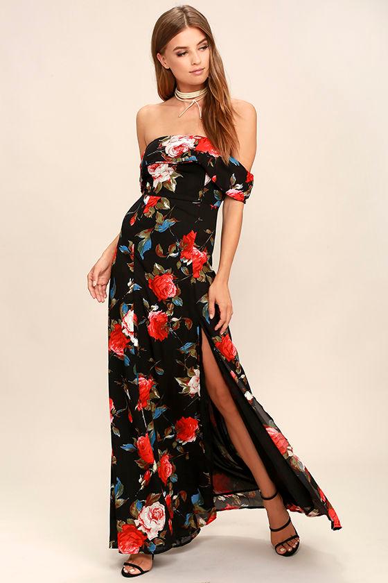 I Care Black Floral Print Off-the-shoulder Maxi Dress | Lulus